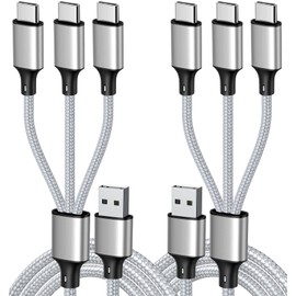 Puxnoin Multi Charging Cable, USB C Splitter Cable, 3 in 1 Fast Charging Cord with 3 Type-C Male Port Compatible with Cell Phones Tablets and More - 2Pack 4FT Silver