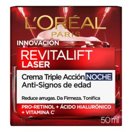 L'Oreal Paris Revitalift Laser Crema de Noche Triple Acción Anti-Edad, Corrige Arrugas, Firmeza, Luminosidad y Unifica el Tono, Pro-Retinol y Vitamina