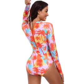 Ocean Blues Women's Leaf Print Lond Sleeves One Piece Bathing Suit Sun Protection Swimwear UV UPF 50+ Rash Guard Zipper Swimsuit Size Large