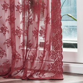 Kotile Burgundy Curtains 96 Inches Long 2 Panels Cottagecore Floral Patterned Maroon Lace Curtains for Living Room, Rod Pocket Privacy Light Filtering Sheer Curtains Christmas Decor, 52 x 96 Inch