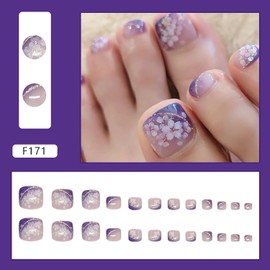 Flower Press on Toenails Short Square Summer Toe Nails Press Ons Light Purple Fake Toenails with Flower Gold Line Designs Gradient Purple Toe Nail Tips Summer False Toenails for Women Nail Decorations