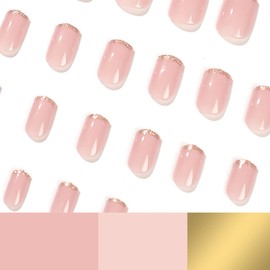 Short French Tips Press On Nails, Gold Glitter Fake Nails with Design Square Nude Pink Acrylic False Nail Kits Stick Glue on Nails Sets for Women Reusable Full Cover Gel Nails for Holiday Gift 24Pcs