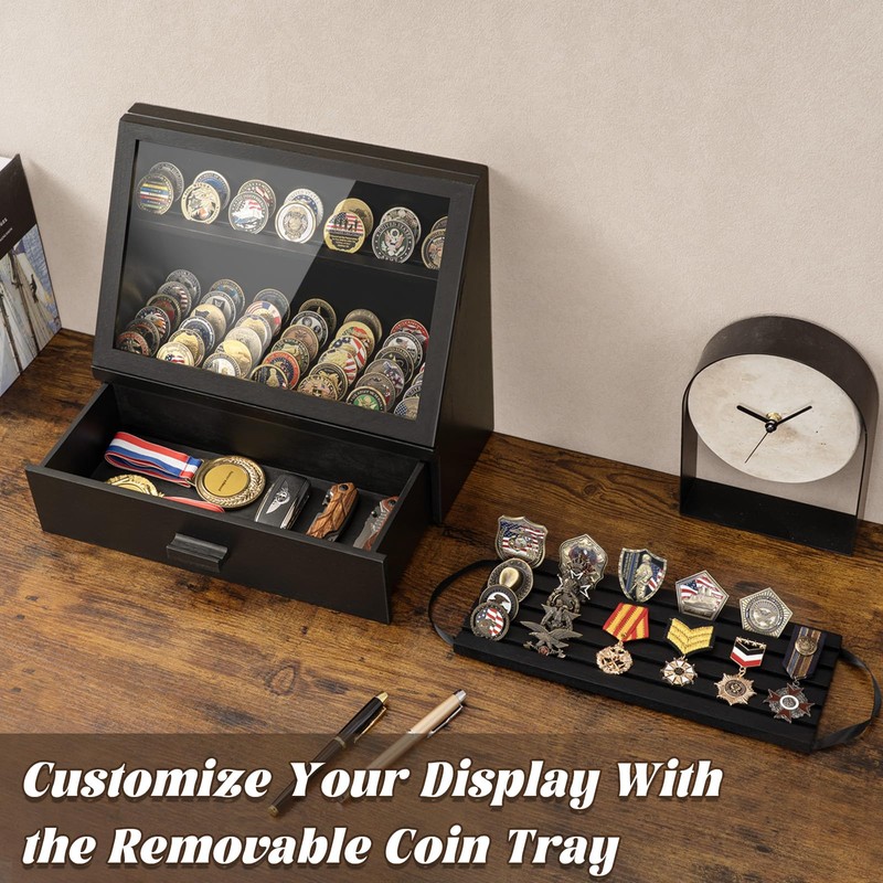 Yoimori Challenge Coin Display Case, 13 Rows Solid Wood Military