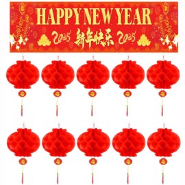 Chinese New Year Decorations 2025, Lunar New Year Table Runner + 10Pcs Chinese Red Paper Lanterns for Spring Festival Year of the Snake Chinese New Year Party Decorations