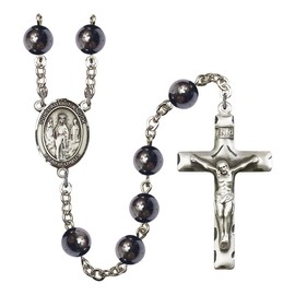 Our Lady of Knock Silver-Plated Rosary 8mm Hematite Beads Crucifix Size 1 3/4 x 1 medal charm