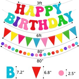 Colorful Birthday Decorations - Glittery Happy Birthday Banner & Honeycomb Balls, Star Hanging Swirls Streamer, Circle Dots Garland, Triangle Flags Bunting for Rainbow Birthday Party Decorations