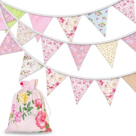 Orifinter Floral Bunting, 24PCS Fabric Bunting + Drawstring Bag, Reusable Vintage Bunting Flags for Mothers Day, Afternoon Tea Stands, Garden Party, Birthday, Vintage Festival, Spring Decorations