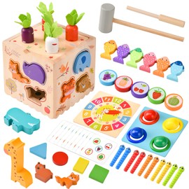 YAOZUP Montessori Toy, Educational Toy, Motor Skills Toy, Gift, Children's Toy from 1 Year, 8-in-1 Wooden Toy, Motor Skills Cube, Baby Toy with Carrot Harvest, Magnetic Fishing Spie, etc