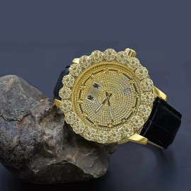 ICE HOUSE Gold  Canary Real Diamonds 0.08 Ctw Analog Water Resistant Watch Leather Strap