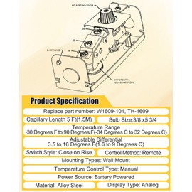 W1609-101 Bulb Refrigeration Thermostat Temperature Controller, Replace TH-1609 from -30 Degrees F to 90 Degrees F (-34 Degrees C to 32 Degrees C), 5 Ft Capillary