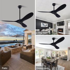 QUTWOB 52" Ceiling Fan with Remote Control No Lights,Modern Reversible DC Motor Indoor Outdoor 3 Blades Ceiling Fans for Patio Bedroom Living Room(Black)