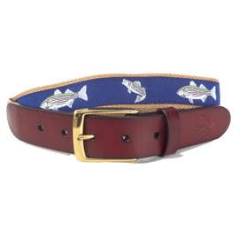 No27 Men's Striped Bass Nautical Leather Belt, Striped Bass Ribbon on Khaki, Size 32 waist