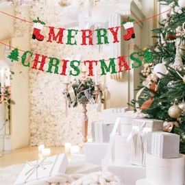 Merry Christmas Bunting Banner Glitter Hanging for Christmas Party Decorations Supplies Photo backdrop Holiday Mantle Fireplace Home Decor Red Green