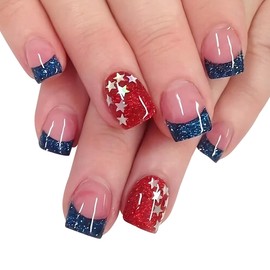 24Pcs 4th of July French Tip Press on Nails Short Square Independence Day Fake Nails Glue on Nails Full Cover American Flag Star Sequin Glitter Glossy Designs False Nails Stick on Nails for Women