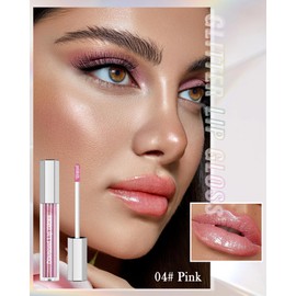 Glitter Lip Gloss Long Lasting, Pink Plumping Shimmer Lipgloss for Women, Waterproof Diamond Chameleon Liquid Lipstick, Metallic Highly Pigment Holographic Lipstick, Ideal Lip Makeup Gift-04