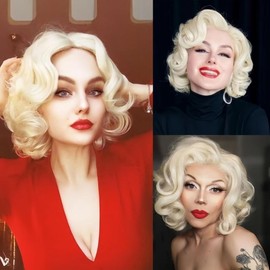 Salaibs Blonde Curly Short Wigs for Women, 1920s Platinum Wig, Synthetic Hair, Natural Hairline Wigs for Cosplay, Halloween, Daily Party Use