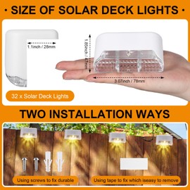 32 Pcs Solar Deck Lights Outdoor, Waterproof LED Solar Step Fence Lights for Stairs, Step, Railing, Patio, Driveway, Garden, Pathway and Yard(White Shell Warm White Light)