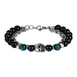 Oidea Black Tourmaline Bracelet: Mens Womens Adjustable Skull Layered Stainless Steel Chain Beads Bracelet Obsidian Bracelet Tiger Eye Bracelet Protection Bracelet Jewelry Gifts