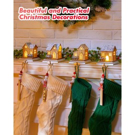 Christmas Stocking Holders for Mantle Set of 4, 4Pack Christmas Mantle Wood Room Stocking Hangers with Lights, Weighted Christmas Different Room Stocking Hooks for Fireplace Counter Window Decoration