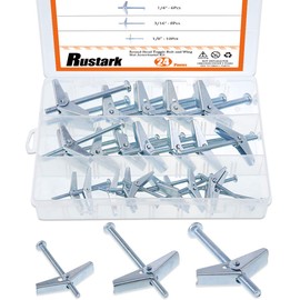 Rustark 24-Pcs 1/4'' 1/8'' 3/16'' Zinc Plated Steel Round Head Toggle Bolt and Wing Nut Assortment Kit for Hanging Heavy Items on Drywall