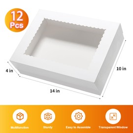 Wowxyz 12pcs 14x10x4 Cake Boxes Rectangle Quarter Sheet 1/4 Sheet Bakery Boxes with Window - Donuts, Pastry Baking Cake, Pie White Cardboard Treat Packaging