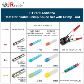 JRready ST2170 AS81824 Heat Shrinkable Crimp Splice Set with ACT-232 Crimp Tool (M22520/37-1 Equivalent) G411 Go-No Go Gauge 12# 16# 20# Butt Splice Connectors Includes PVDF/PE Heat Shrink Tubes
