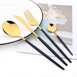 Snplowum - Juego de cubiertos con espejo, 24 piezas, cubiertos de acero inoxidable 18/0 con mango verde, vajilla simple y moderna para fiestas en casa, restaurante, cena de Navidad, servicio para 6 (oro verde)