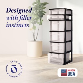 HOMZ Drawer Tower, 6-Tier Clear Plastic Storage Organizer Cart, Black Frame - Heavy-Duty Organizing Drawers for Home, Bedroom, and Closet Organization