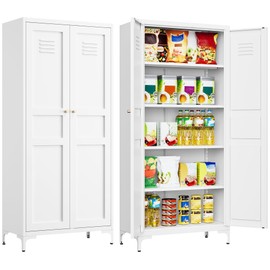 SISESOL Metal Storage Cabinet with Doors and Shelves,White Storage Cabinet with Leg & Vent Hole,Food Pantry Cabinets,5 Tier Metal Pantry,Tall Large Cupboard for Home,Kitchen,Dining/Living/Laundry Room