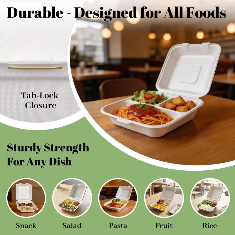 100 Pack 8×9 Inch 3-Compartment Compostable Bagasse Food Containers
