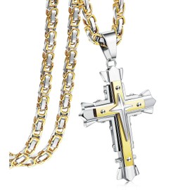 CASSIECA Cross Chain Men's Stainless Steel Byzantine Chains Cross Pendant for Boys Men Cross Necklace for Men Jesus Cross Chain with Byzantine Chain Black Gold 56/61/71 cm, Stainless Steel