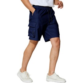 Menoio Men's Cargo Shorts Casual Elastic Waist Outdoor Relaxed Fit Work Shorts with Multi Pockets(XL,Navy Blue)