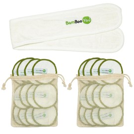 24 pcs Softest Bamboo Reusable Makeup Remover Pads with Cotton Drawstring wash Bags and Amazing Bamboo Makeup Headband to Make Your Beauty Routine Experience Better for All Skin Types.