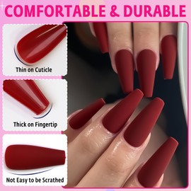 AddFavor 120pcs Burgundye Press on Nails Long Coffin Fake Nails with Glue & Adhesive Tabs, Full Cover Matte Acrylic Nails Press ons for Women Girls