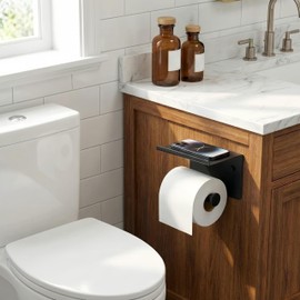FORIOUS Toilet Paper Holder with Shelf, Adhesive or Screw Wall Mount Toilet Paper Roll Holder for Bathroom, SUS 304 Stainless Steel Commercial Toilet Tissue Holder with Storage Dispenser, Matte Black