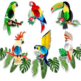 Parrot Honeycomb Palm Leaves Banner Tropical Birds Honeycomb Paper Cutouts Hawaiian Beach Luau Party Hanging Decorations Tiki Bar Accessories