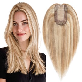 MY-LADY Human Hair Toppers for Women Real Human Hair Thin 7 * 13CM Silk Base with Lace Clip in Remy Hairpieces 150% Density 6 Inch Golden Brown & Bleach Blonde