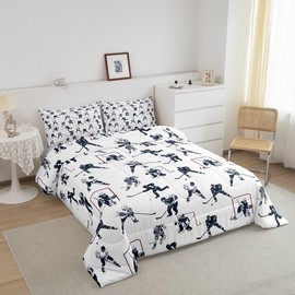 Ice Hockey Bedding Set for Kids Boys Girls Room Sports Event Pattern Comforter Sets Hockey Player All Season Comforter Decor Winter Sports Hockey Bedroom Collection Full Size