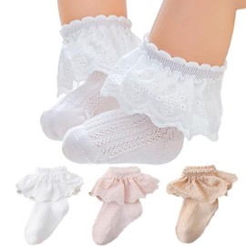 Urieo 3 Pack Baby Lace Socks Girls Ruffle Crew Socks Princess Toddler Dress Socks for Indoors Party 1-3T