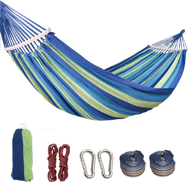 Colel Double Hammock, 2 Person Cotton Canvas Hammock 450lbs Portable Camping Hammock with Carrying Bag Two Anti Roll Balance Beam Metal Carabiner Ropes and Tree Straps for Travel Patio Garden (Blue)