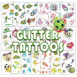 Konsait 20 Sheets Glitter Tattoos Soccer Tattoos Temporary for Kids Boys Tattoos Soccer Washable Tattoos for Kids Football Tattoos Soccer Favors Sports Tattoos Temporary for Kids Soccer Themed Gifts