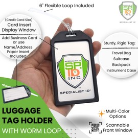 5 Pack - Premium Rigid Airline Luggage Tag Holders with 6" Worm Loops - Heavy Duty Hard Plastic -Suitcase ID Tag Identifiers with Business Card Insert Window by Specialist ID (Translucent/Clear)