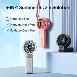 JISULIFE Handheld Fan Life7,2024 Powerful Portable Fan with LED Display[19.5Hrs Max Cooling]5000mAh,150°Folded,5 Speeds,Lanyard; 3-IN-1 Hand/Desk/Neck Fan,Mini Fan for Travel,Lash,Gift for Women(Pink)