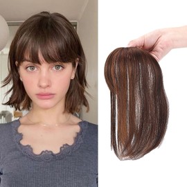 NICENEEDED Fake Bang Wispy, Natural Curved Flaxen Brown Fringe Bang with Clip for Women, False Bang Synthetic Fringe with Temples Hair Extension for Daily Wear