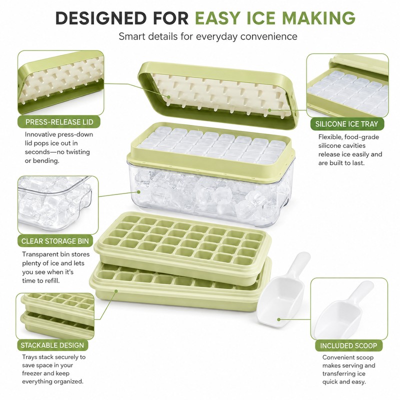 64-Cube Ice Tray Set for Freezer – Easy-Press Silicone Molds