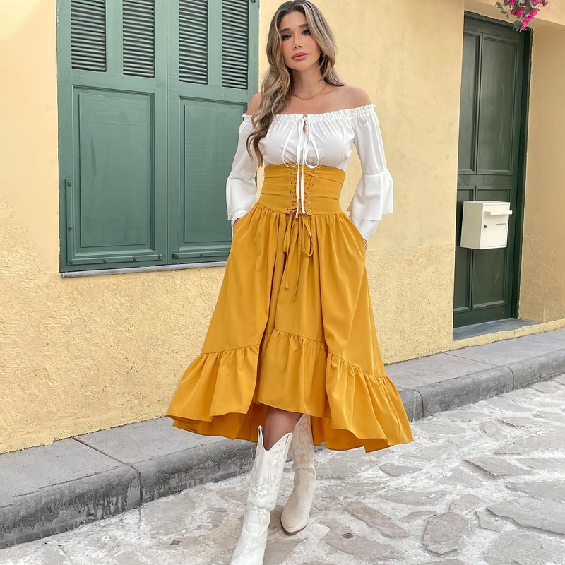 Women Renaissance Costume Medieval Victorian Fancy Dresses High Waisted Lace-up