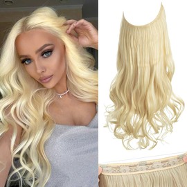 SARLA Invisible Wire Hair Extensions with 3 Clips Long Synthetic Wavy Curly Hairpiece Adjustable Transparent Headband for Women 22 Inch Beach Blonde