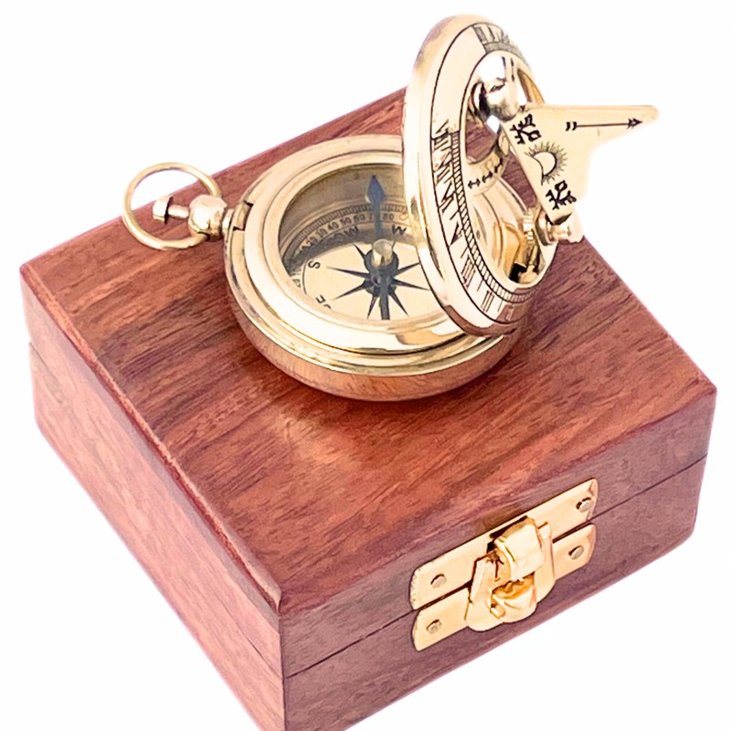 Marine Sundial Compass with Nautical Solid Wooden Box Vintage Brass