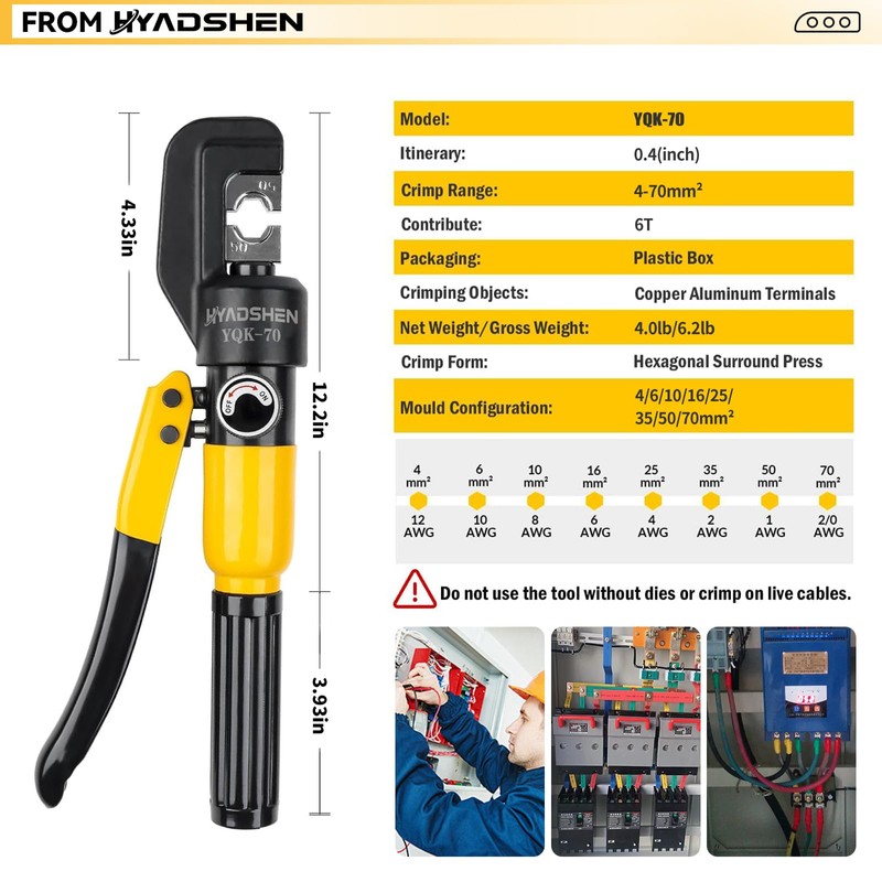 HYADSHEN 6 Ton Hydraulic Crimping Tool 12 AWG to 2/0
