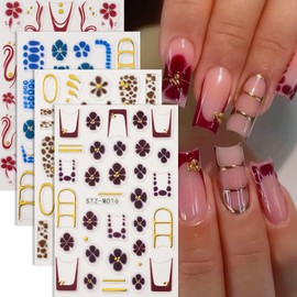 French Tip Nail Stickers for Nail Art Flower Nail Decals 3D Self-Adhesive Spring and Summer Flowers Design Nails Art Sticker Salon Manicure Decoration Supplies Accessories for Women